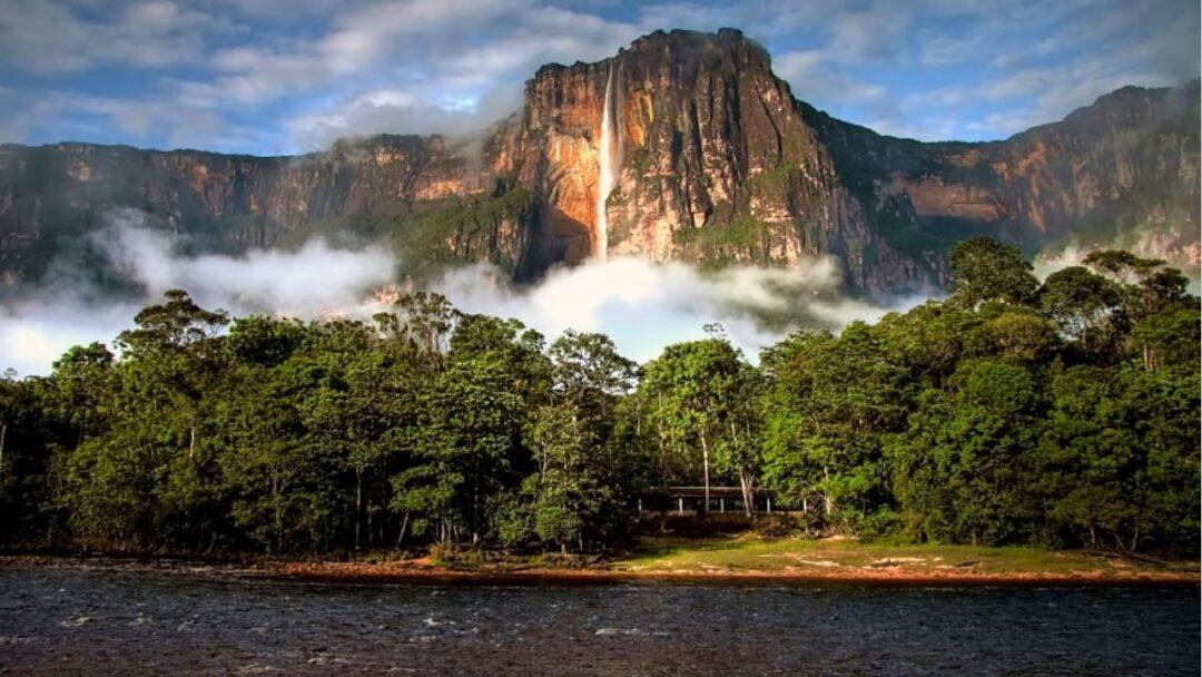 A breathtaking view of Angel Falls, the world's highest waterfall in the middle of a lush green forest landscape.