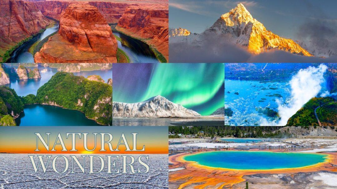 Photo of the 7 natural wonders of the world, including the Grand Canyon, the Great Barrier Reef, Mount Everest, and more.