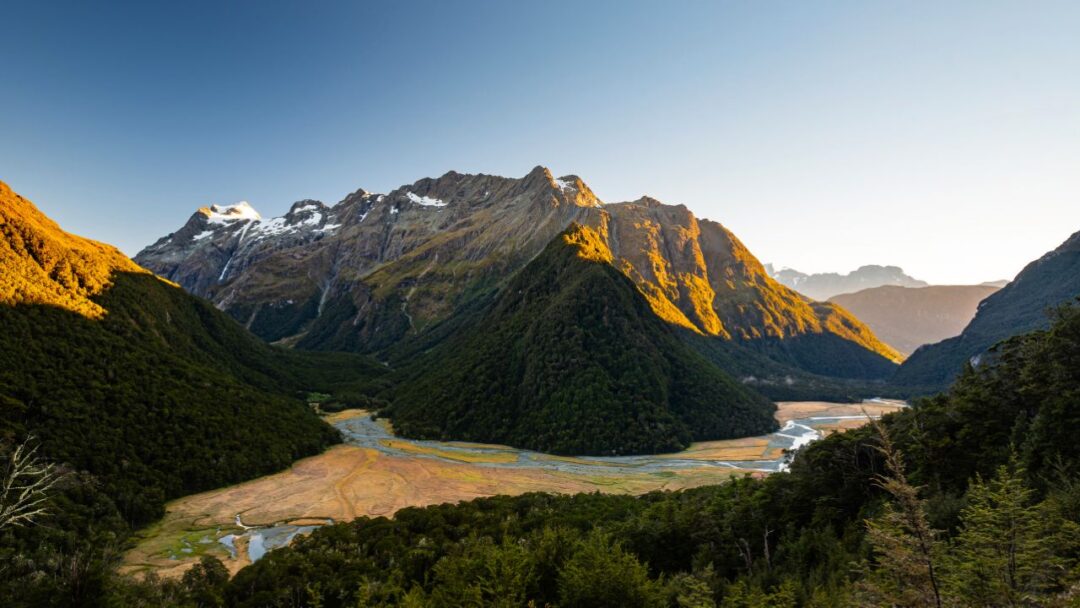 A breathtaking aerial view of Fiordland National Park, New Zealand, showcasing lush green mountains, deep blue fjords, and dense forests. 10 Most Beautiful National Parks Around the World.