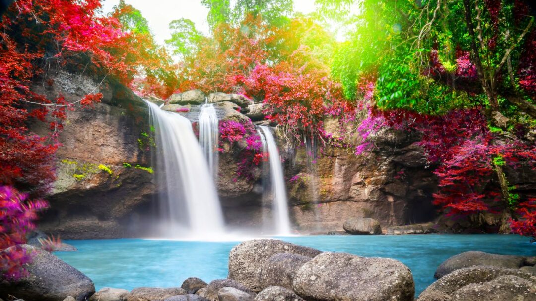 A breathtaking waterfall nestled in a lush green forest, cascading down rocky cliffs with sparkling water, surrounded by vibrant vegetation. Top 10 Spectacular Waterfalls to Visit.