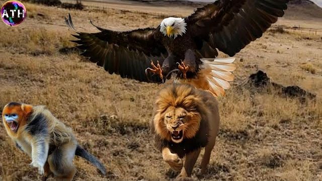 Monkeys' Deadly Foes: Lion, Tiger, Komodo Dragon, Leopard & Eagle - The Ultimate Wildlife Showdown, A lion stalks a monkey on the ground, while an eagle watches from above in a dramatic wildlife encounter.