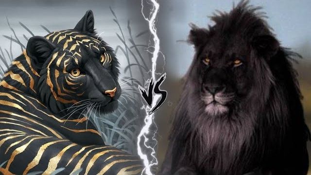 A dramatic image showing a face-off between a powerful black tiger and a fierce black lion in a wilderness setting. Black Lion vs Black Tiger: Debunking the Mythical Battle.